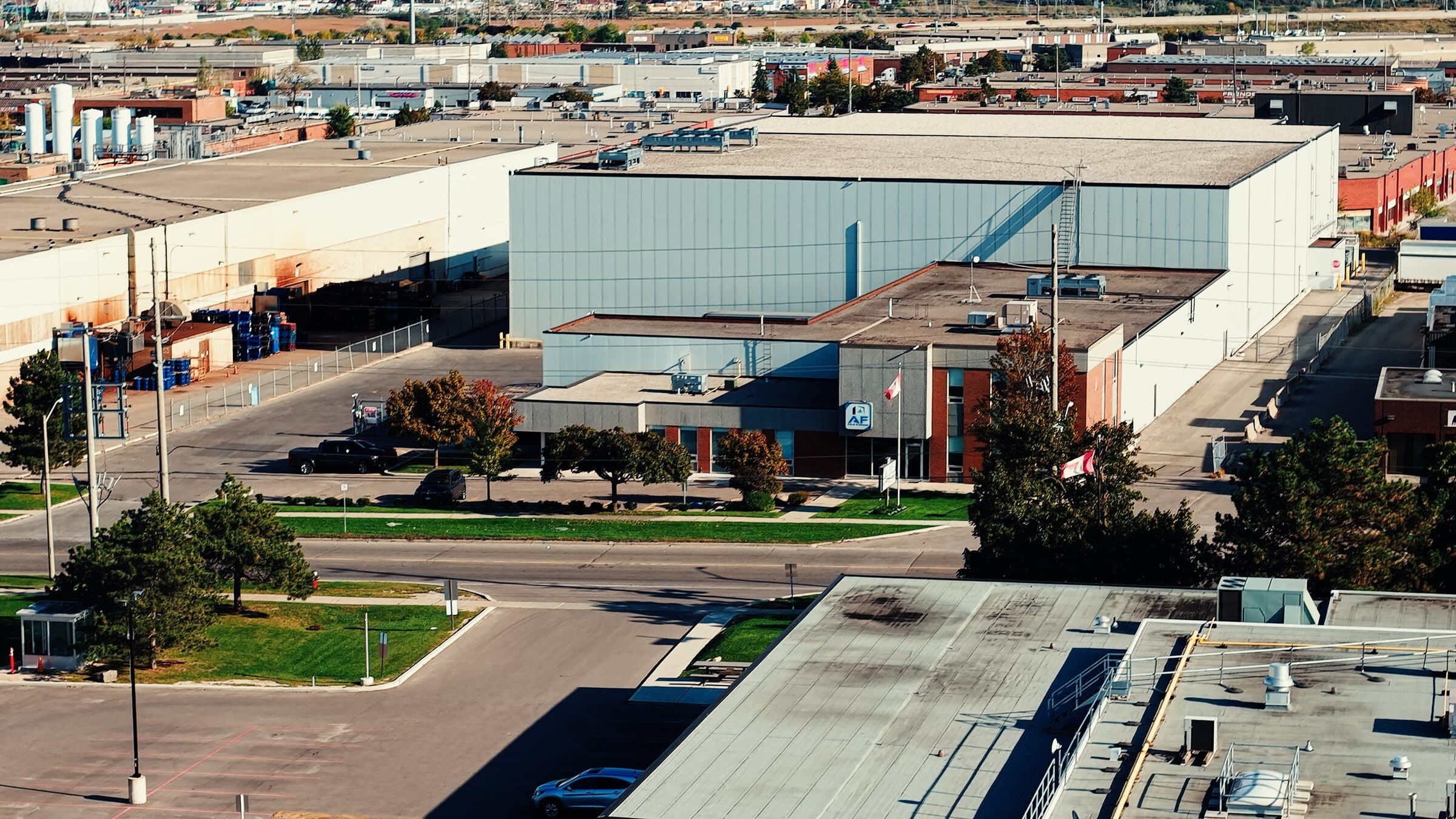 Aerial view of the AF Cold Storage facility, marked with the AF logo and Canadian flags, within its distribution park